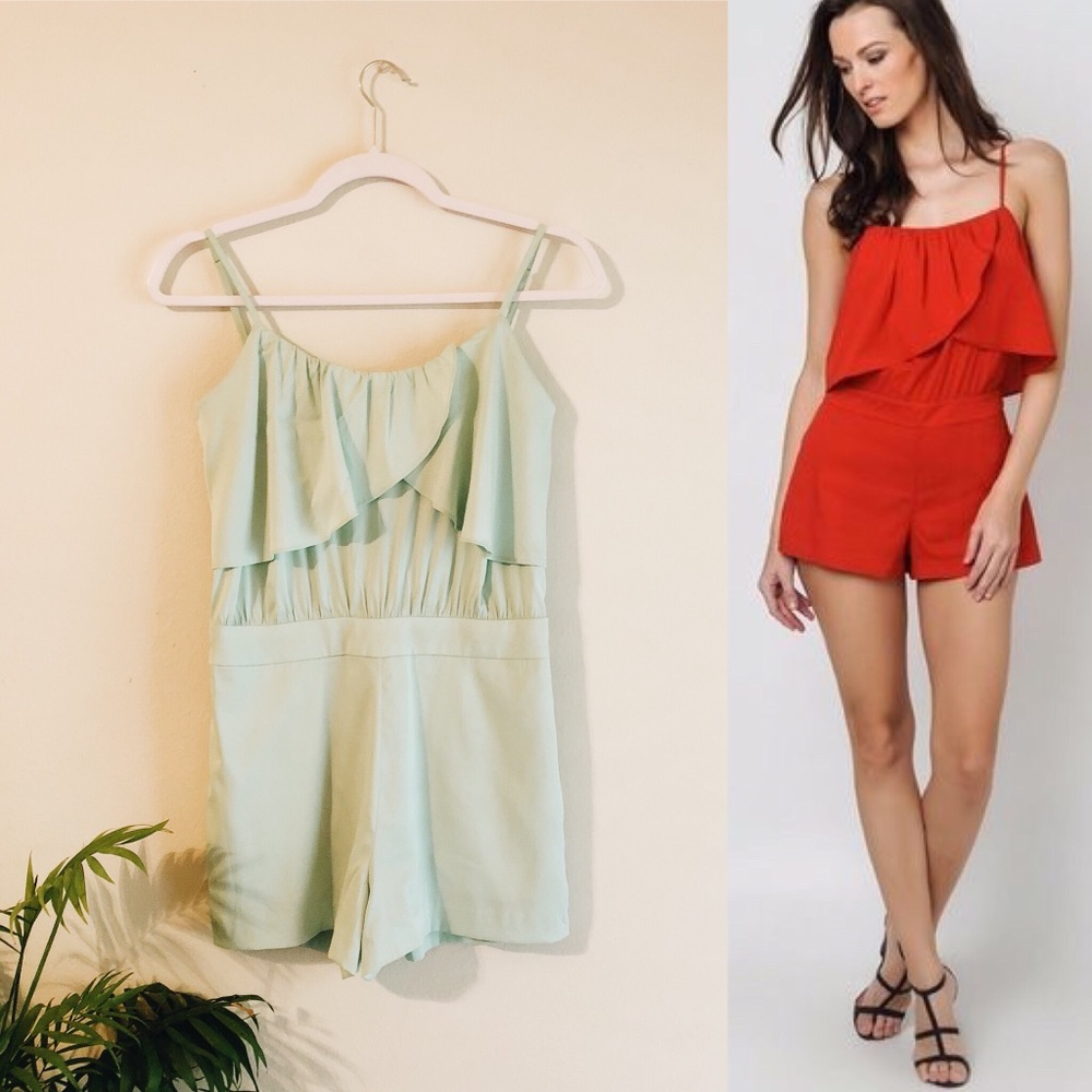 bebe Ruffled Romper in Mint Green